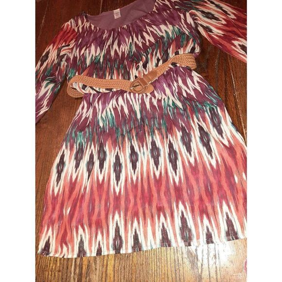 New Juniors Jr Size Medium Bongo Daytime Multi Chevon Rust Teal Belted Dress NWT - Picture 4 of 6